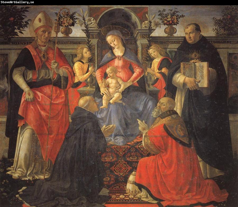 BARTOLOMEO DI GIOVANNI Madonna and Child En-throned with Two Angles,SS.Dionysius the Aereopagite and Dominic,Pope Clement,and St.Thomas Aquinas
